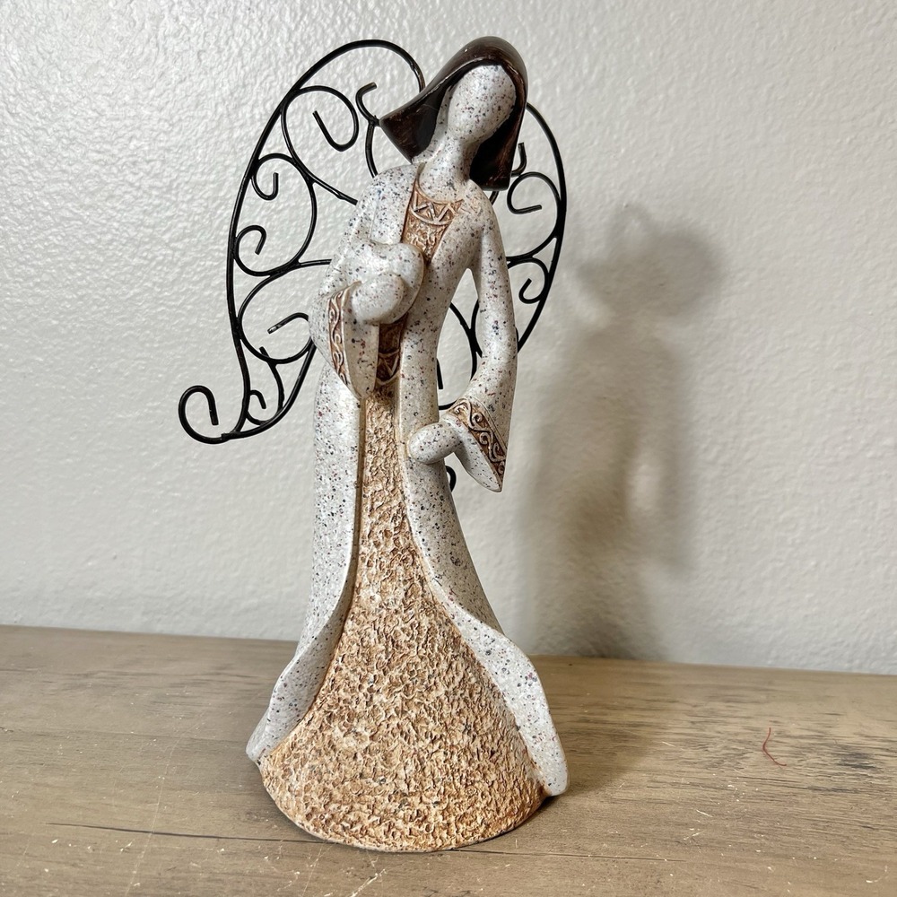 Angel Figurine‎ Holding Heart with Scroll Metal Wings Stone Look 9" Tall *READ